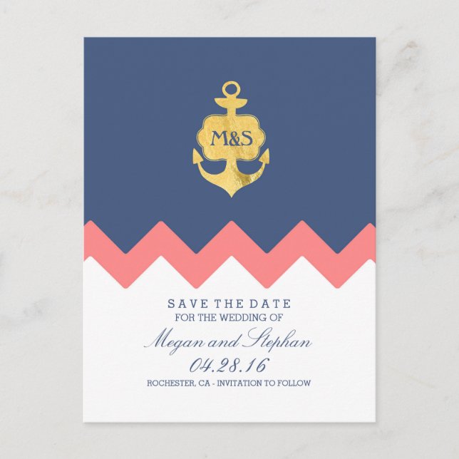 gold anchor navy coral chevron save the date announcement postcard (Front)