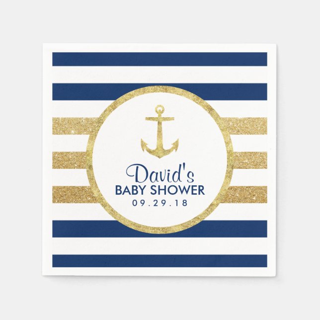Gold Anchor Navy Gold Stripes Nautical Baby Shower Napkin (Front)