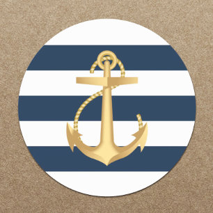 Gold Anchor Navy Stripes Nautical Wedding Classic Round Sticker