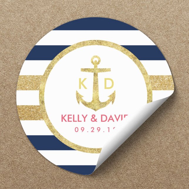 Gold Anchor Navy Stripes Nautical Wedding Favour Classic Round Sticker (Creator Uploaded)