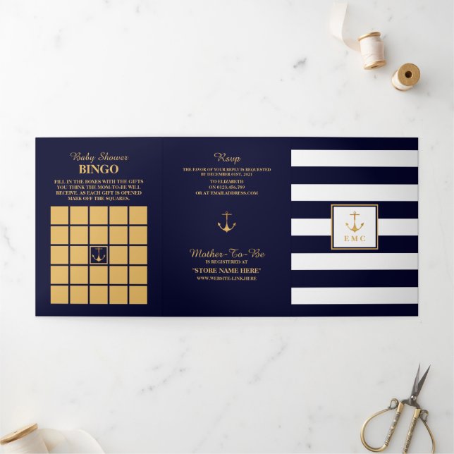 Gold Anchor Navy & White Stripe Baby Shower Suite Tri-Fold Invitation (Outside)