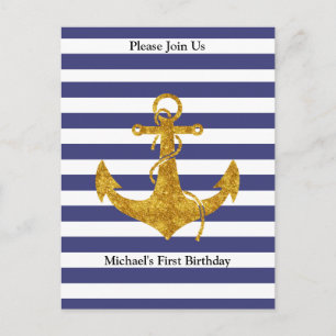 Gold Anchor on Blue Stripes Party Invitation Postcard