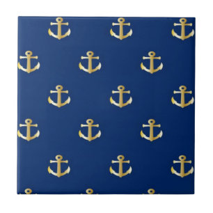 Gold Anchor On Navy Background Tile
