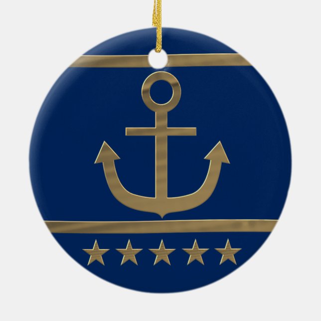 gold anchor on navy blue background ceramic tree decoration (Back)
