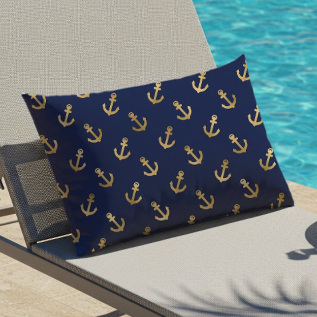 Gold Anchor Pattern Navy Blue Nautical Outdoor Lumbar Cushion (Creator Uploaded)
