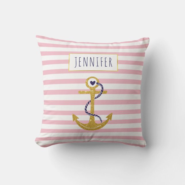 Gold  anchor pink striped pattern trendy nautical outdoor cushion (Front)