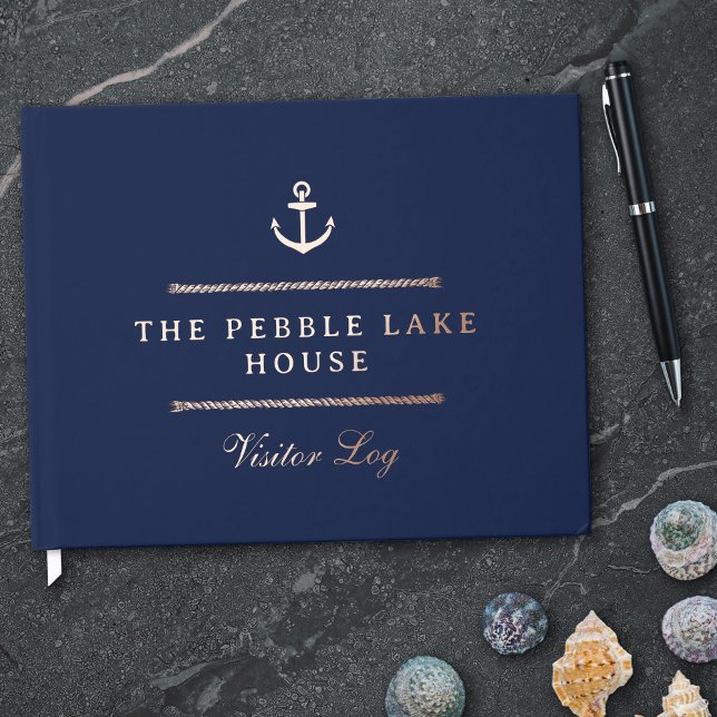 Gold Anchor & Rope Navy Blue Nautical Visitor Log Guest Book (Creator Uploaded)