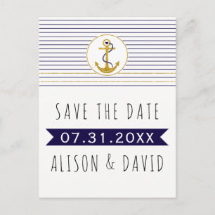 Gold anchor striped nautical wedding Save the Date Announcement Postcard