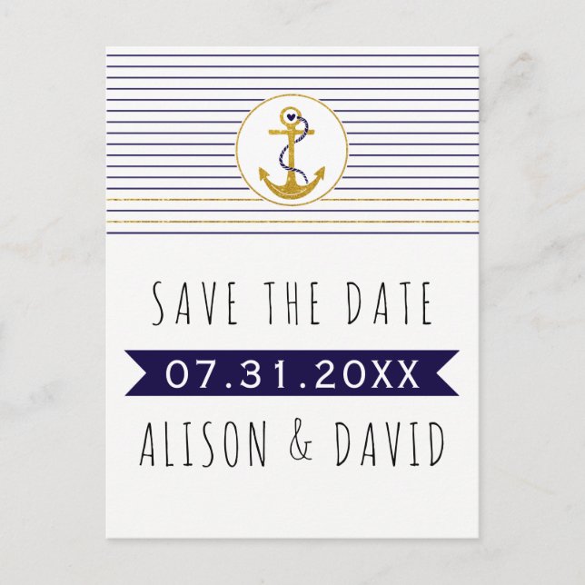Gold anchor striped nautical wedding Save the Date Announcement Postcard (Front)