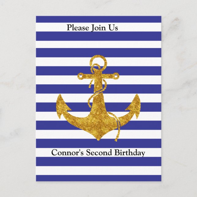 Gold Anchor with Blue Stripes Birthday Postcard (Front)