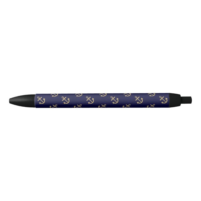 Gold Anchors Navy Blue Background Pattern Black Ink Pen (Front)