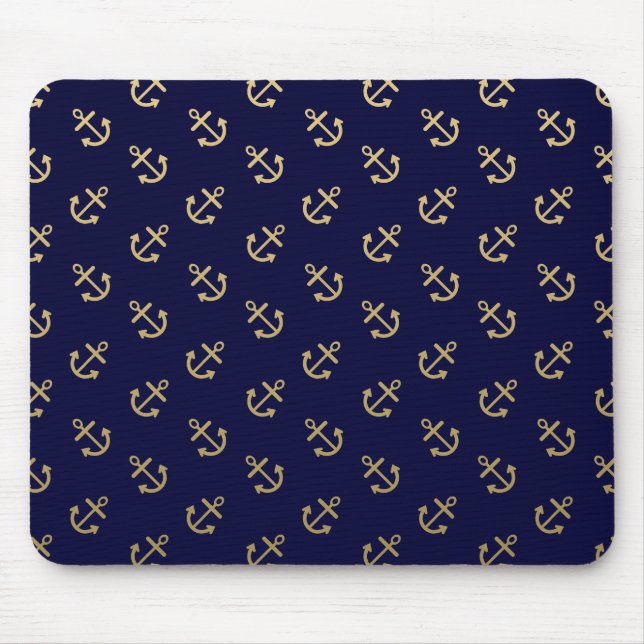 Gold Anchors Navy Blue Background Pattern Mouse Pad (Front)