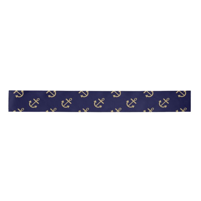 Gold Anchors Navy Blue Background Pattern Satin Ribbon (Front)