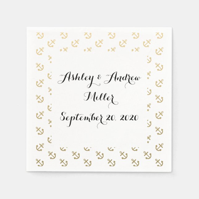 Gold Anchors White Background Pattern Napkin (Front)