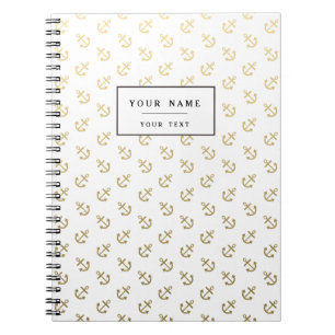 Gold Anchors White Background Pattern Spiral Notebook