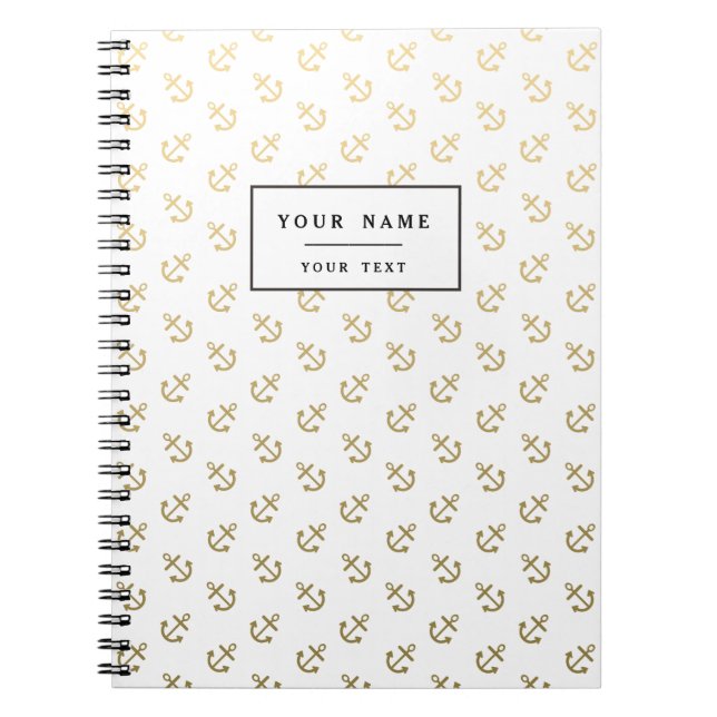 Gold Anchors White Background Pattern Spiral Notebook (Front)