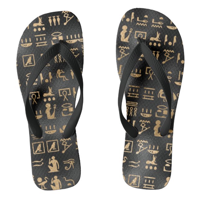 Gold Ancient Egyptian Hieroglyphics on Black Jandals (Footbed)