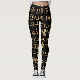 Gold Ancient Egyptian Hieroglyphics on Black Leggings
