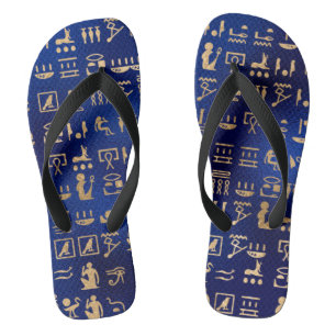 Gold Ancient Egyptian Hieroglyphics on Blue Jandals
