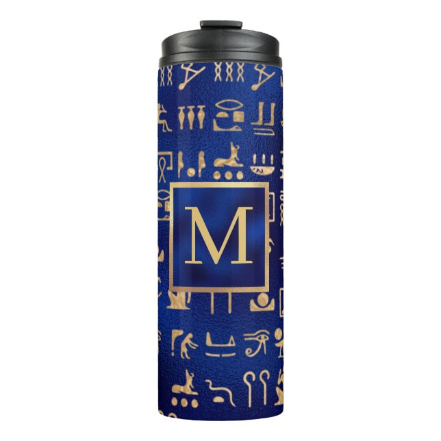 Gold Ancient Egyptian Hieroglyphics on Blue Thermal Tumbler (Front)