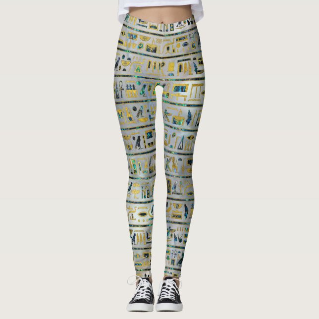 Gold and Abalone Egyptian hieroglyphs on pearl Leggings (Front)