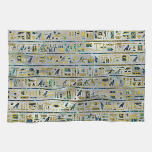 Gold and Abalone Egyptian hieroglyphs on pearl Tea Towel