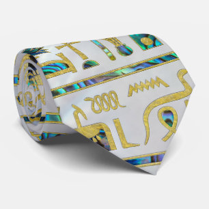 Gold and Abalone Egyptian hieroglyphs on pearl Tie