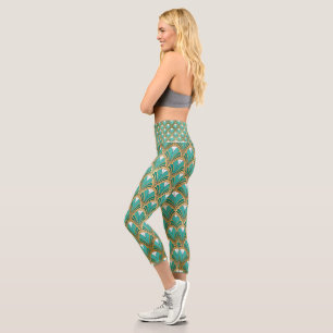 Gold and Aqua Art Deco Geometric Capri Leggings