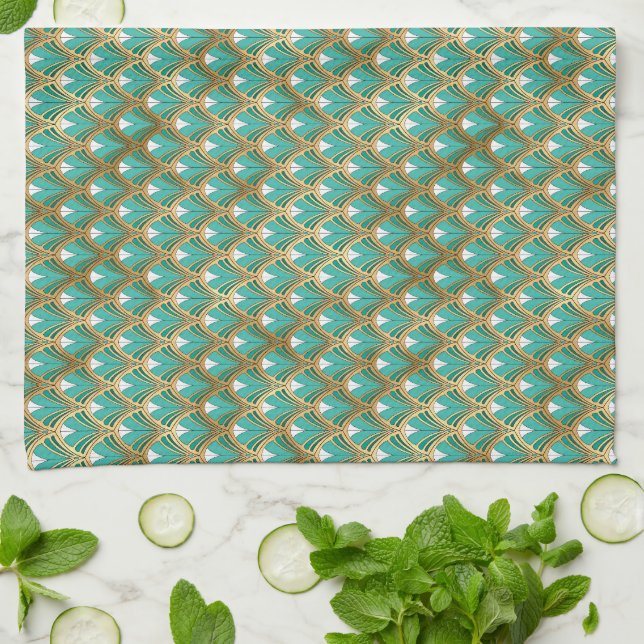 Gold and Aqua Art Deco Geometric Tea Towel (Folded)