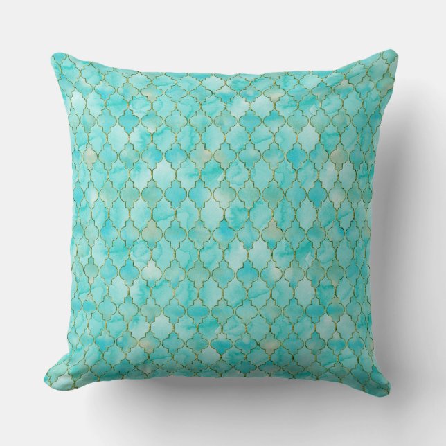 Gold and Aqua Maroccan pattern Cushion (Front)