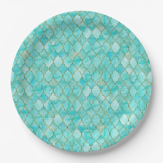 Gold and Aqua Maroccan pattern Paper Plate (Front)