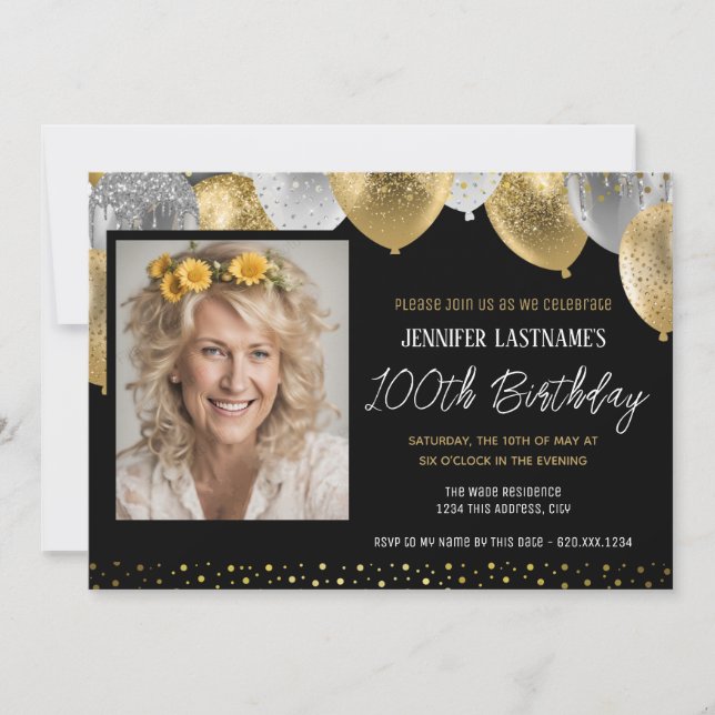 Gold and Black 100th Birthday Photo Invitation (Front)