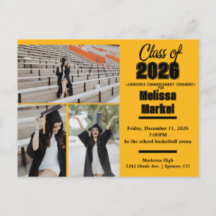 Gold and Black 3 Photo Graduation Invitation Postcard