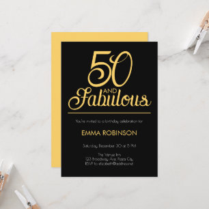 Gold and Black "50 and Fabulous" Fiftieth Birthday Invitation