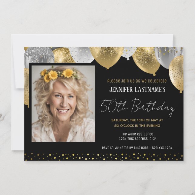 Gold and Black 50th Birthday Photo Invitation (Front)