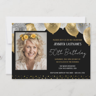 Gold and Black 50th Birthday Photo Invitation
