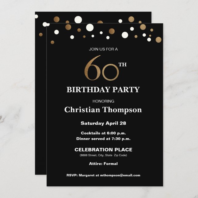 Gold and black, 60th Birthday Party Invitation (Front/Back)