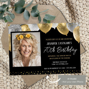 Gold and Black 70th Birthday Photo Invitation