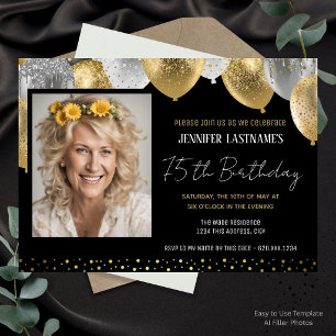 Gold and Black 75th Birthday Photo Invitation