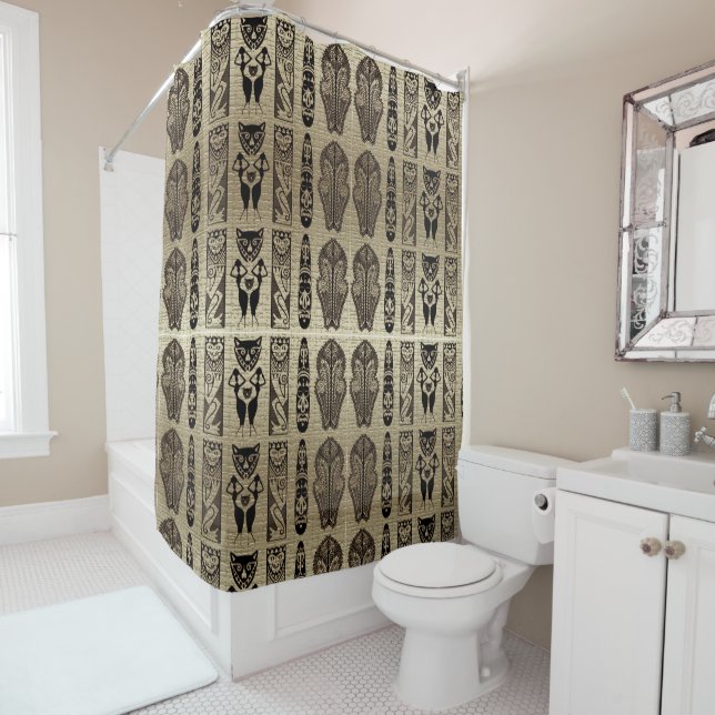 Gold and Black African Style Motif Design Shower Curtain (In Situ)