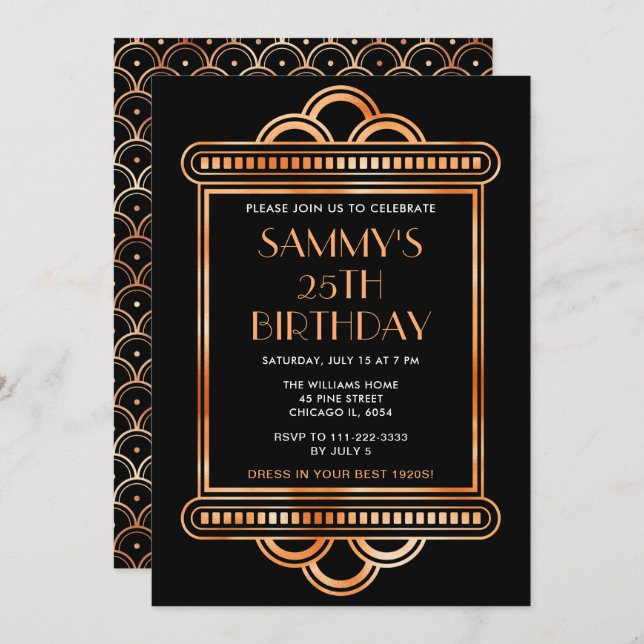 Gold and Black Art Deco Birthday Party Invitation (Front/Back)