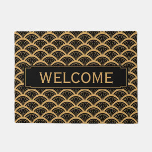 Gold and Black Art Deco Fan Flower Pattern    Doormat