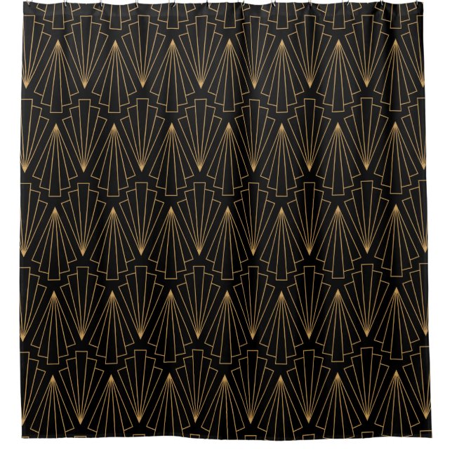 Gold and Black Art Deco Fan Flower Pattern Shower Curtain (Front)