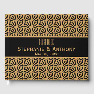 Gold and Black Art Deco Fan Flowers Wedding Guest Book