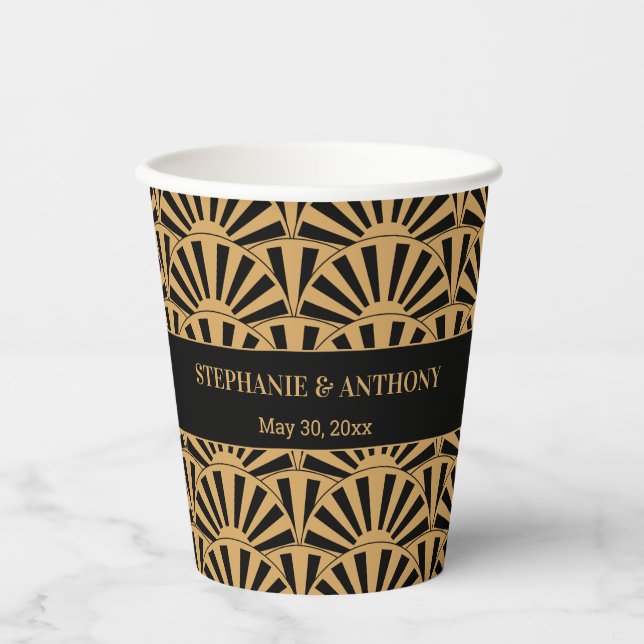 Gold and Black Art Deco Fan Flowers Wedding Paper Cups (Front)
