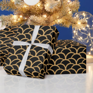 Gold and Black Art Deco Fish Scale Pattern Wrapping Paper