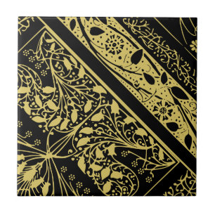 Gold and Black Art Deco Floral Geometric Abstract Tile