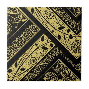 Gold and Black Art Deco Floral Geometric Abstract Tile
