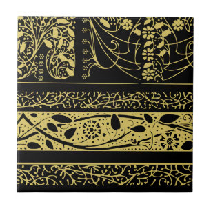 Gold and Black Art Deco Floral Geometric Stripes Tile