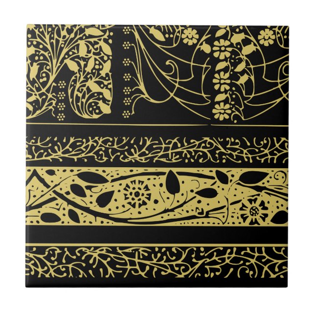 Gold and Black Art Deco Floral Geometric Stripes Tile (Front)